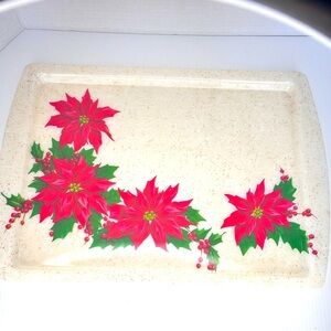 Great Thick Retro Plastic Christmas Poinsettia Tray Gold Flecks MCM 17” X 12”